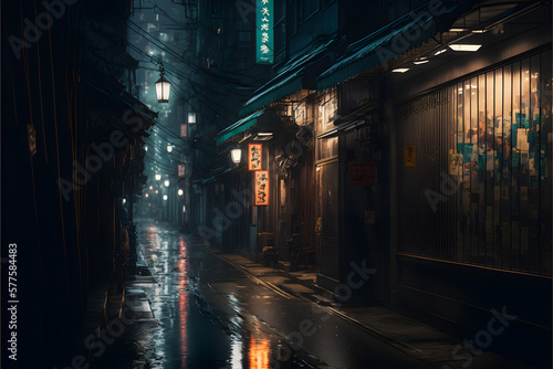 Japanese backstreet at night, raining