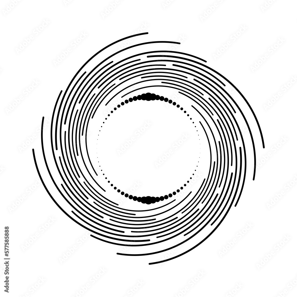 Black radial curvy stripes and dots. Geometric art. Vector illustration. Design element for border frame, round logo, tattoo, sign, symbol, badge, social media, prints, template, flyer Black radial curvy stripes and dots. Geometric art. Vector illustration. Design element for border frame, round logo, tattoo, sign, symbol, badge, social media, prints, template, flyer