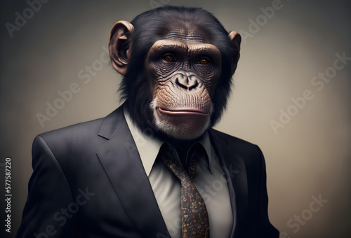 Portrait of Chimpanzee in a business suit, Generative AI