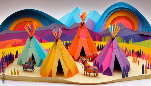 Paper are diorama of Indigenous teepees. Generative AI.