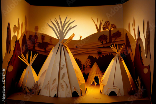 Paper are diorama of Indigenous teepees. Generative AI. photo