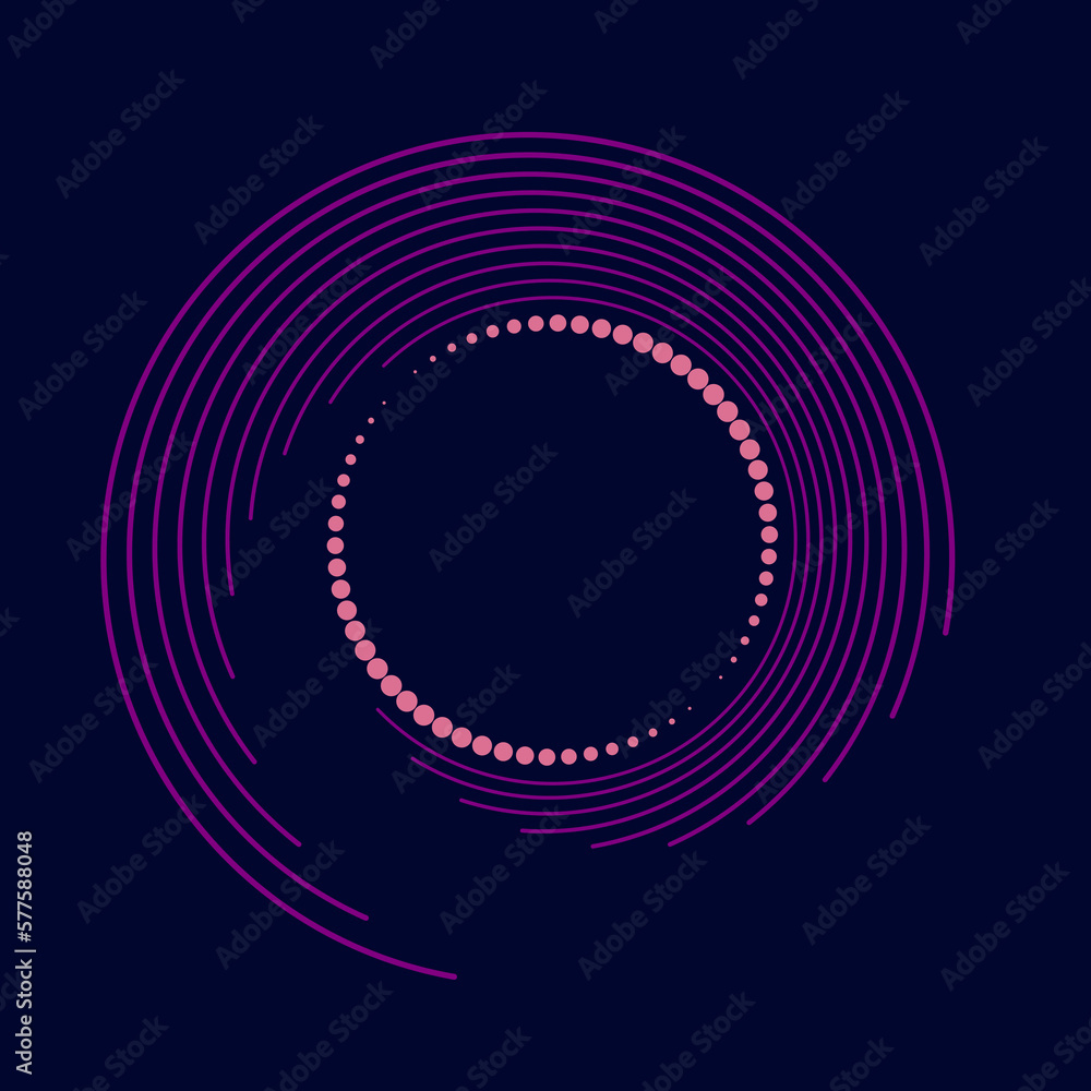 Pink and violet radial curvy stripes and dots. Segmented circle. Geometric art. Circular shape. Trendy design element for border frame, round logo, tattoo, sign, symbol, badge, emblem Pink and violet radial curvy stripes and dots. Segmented circle. Geometric art. Circular shape. Trendy design element for border frame, round logo, tattoo, sign, symbol, badge, emblem