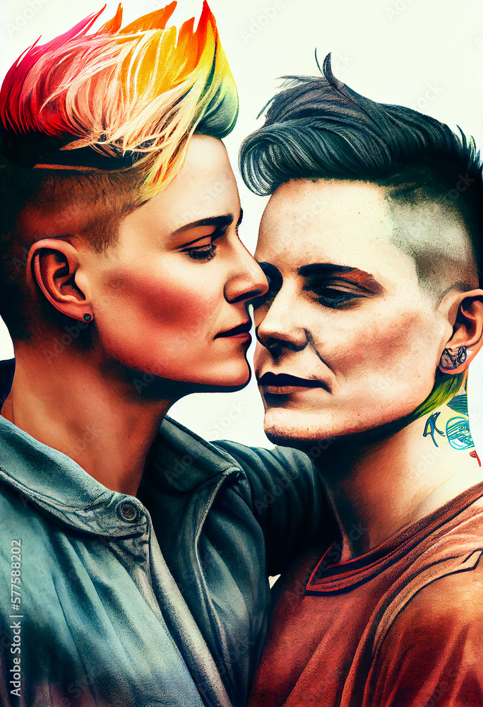 diverse mixed race LGBQT2+ couple, pride, generative ai diverse mixed race LGBQT2+ couple, pride, generative ai