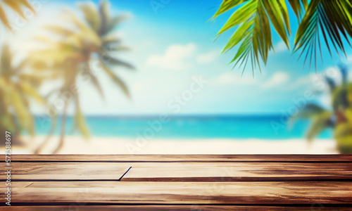 Wooden table in front of abstract blurred sea and coconut tree background. For present your products. Generative AI.