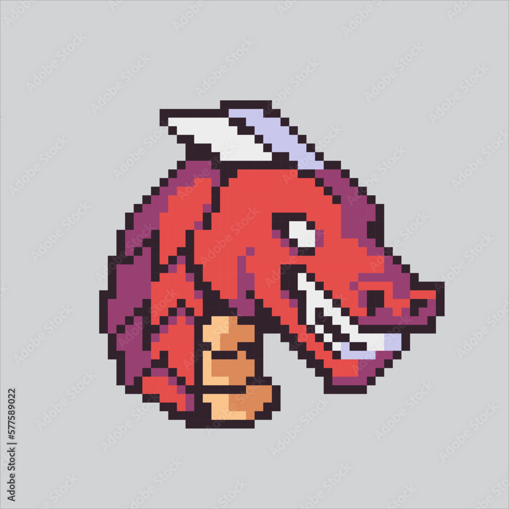 Obraz premium Pixel monster dragon head. Pixelated dragon magic animal fairytales for the pixel art game and icon for website.