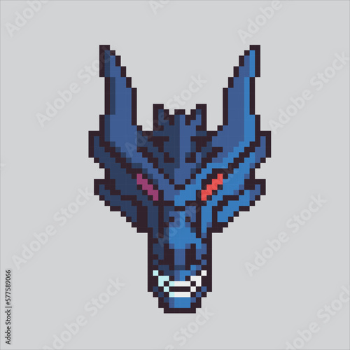 Pixel monster dragon head. Pixelated dragon magic animal fairytales for the pixel art game and icon for website.
