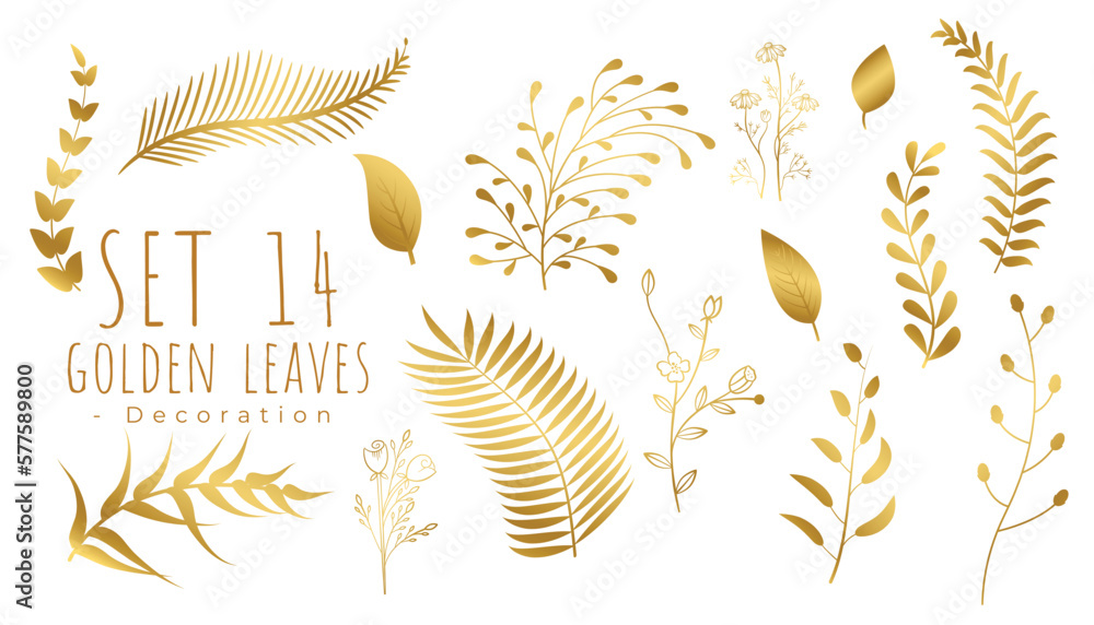 set of realistic golden leaves banner on white background