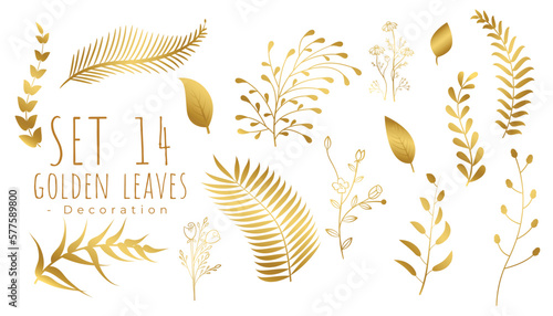 set of realistic golden leaves banner on white background