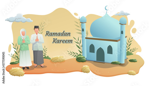 ramadhan banner illustration, a couple of muslims in front of the mosque