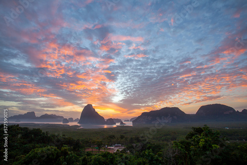 aerial view Amazing light of nature cloudscape sky above Samed Nang Chee Phang Nga archipelago. .High peaks wonderful morning sunrise natural Landscape. .Beautiful sunset tropical landscape 