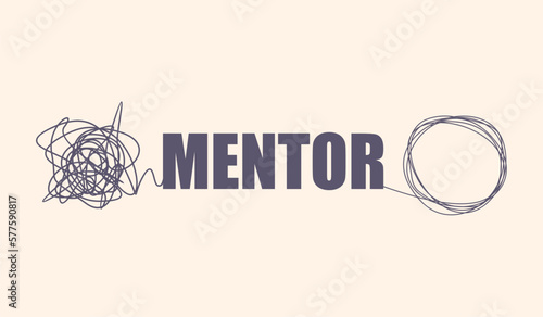 Mentor word with tangled and untangled continuous line drawing animation