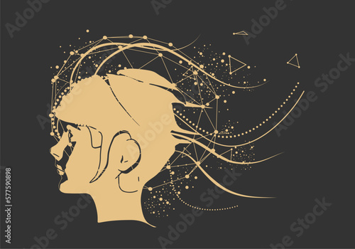 Portrait of a woman with decorative elements. Connected lines with dots.