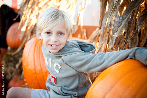 little boy sitting in a pumpkin patch