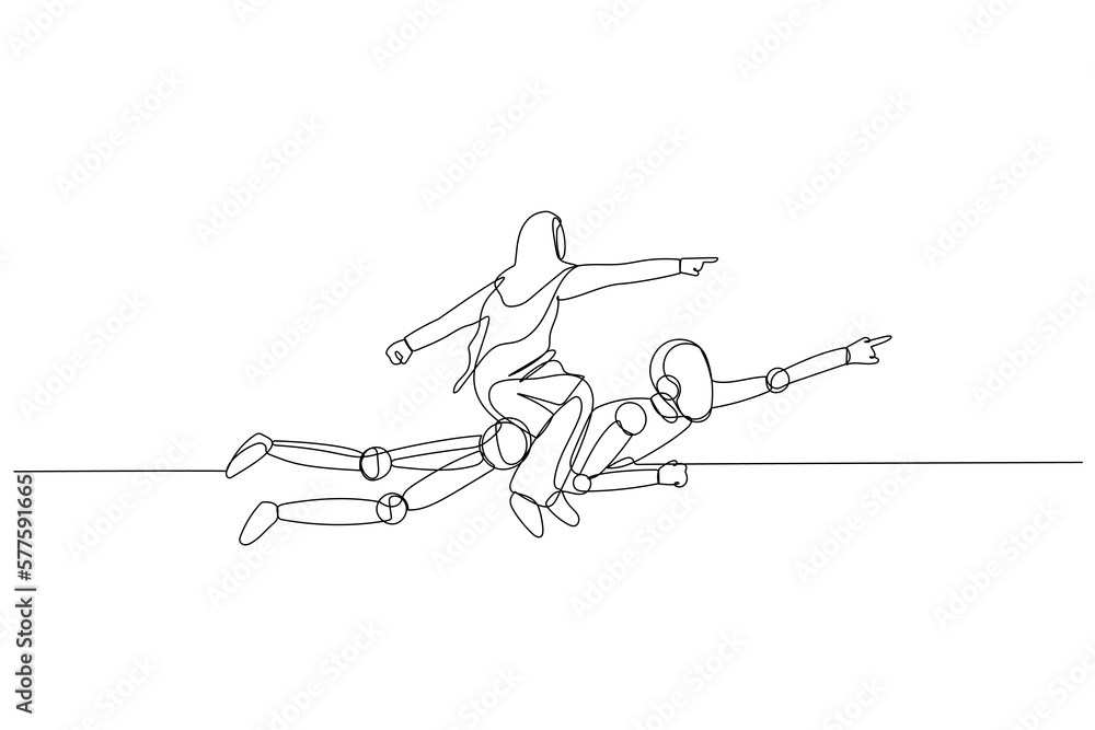 Cartoon of muslim woman riding AI robot. metaphor for artificial intelligence. Single continuous line art style Cartoon of muslim woman riding AI robot. metaphor for artificial intelligence. Single continuous line art style