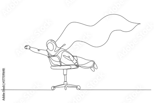 Drawing of muslim woman with cape on office chair pose like hero. Single continuous line art