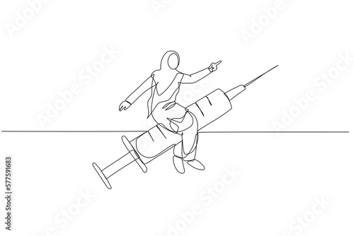Illustration of muslim woman riding syringe moving fast. metaphor for healthy. One line art style