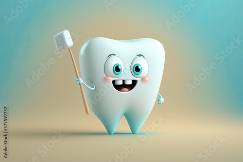 Cute happy cartoon tooth. Dental care. Generative AI