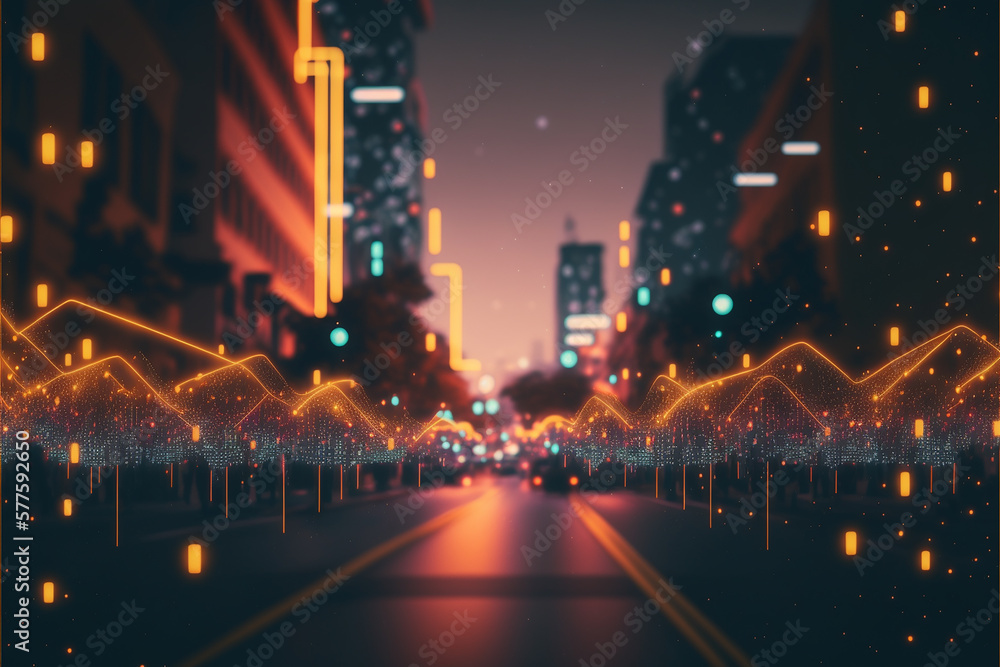 Smart city and abstract dot point connect with gradient line and aesthetic Intricate wave line design. High Angle View Of City Lit Up At Night. New Years Eve with colorful Fireworks over New York City - obrazy, fototapety, plakaty 