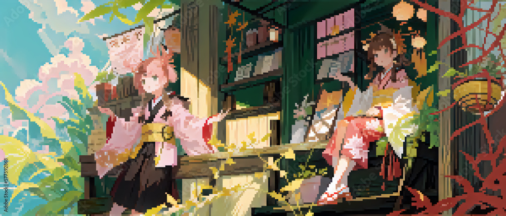 Fototapeta premium Scenery of old Japan. Fantasy style pixelart.昔の日本の風景。ファンタジースタイルのピクセルアート