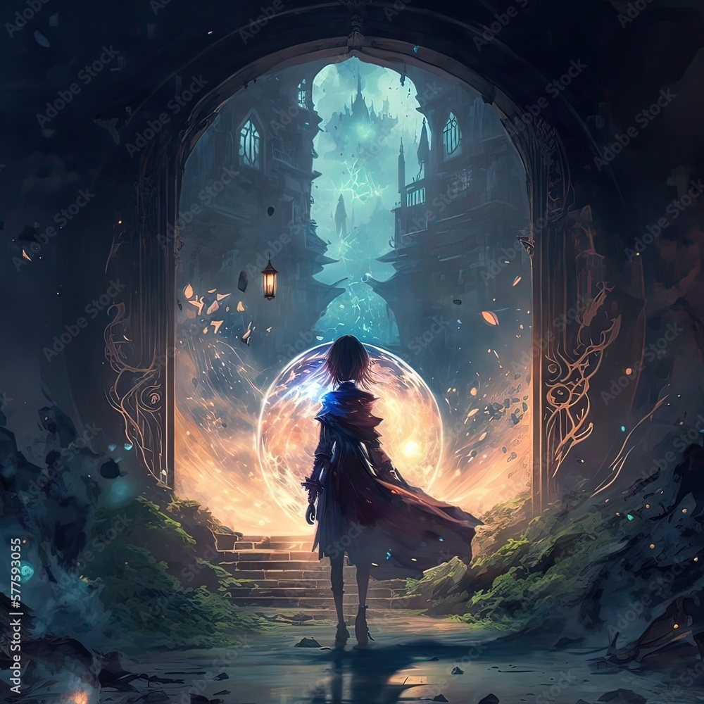 A Beautiful Anime Girl in the Distance uses Magical Powers to Break into  Ancient Magic Stock Illustration