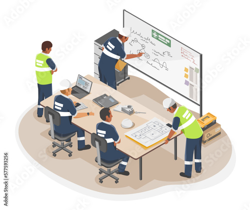 African American black people Technician and engineer meeting working together process Maintenance planing in conference room industrial worker concept illustration isometric isolated 