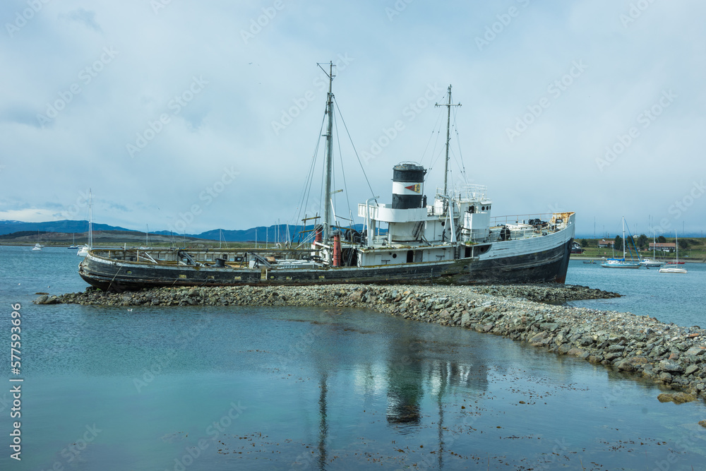 View of an old abandoned ship at the marine of Ushuaia - Ushuaia,Argentina View of an old abandoned ship at the marine of Ushuaia - Ushuaia,Argentina
