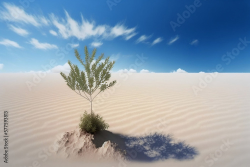 lonely plant grows amongst the sand dunes in the desert