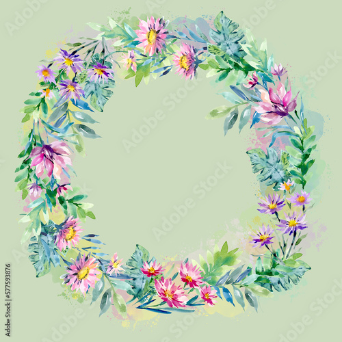 A wreath of watercolor pink flowers on a green background. Round floral text frame. Wedding background wreath of flower buds and leaves