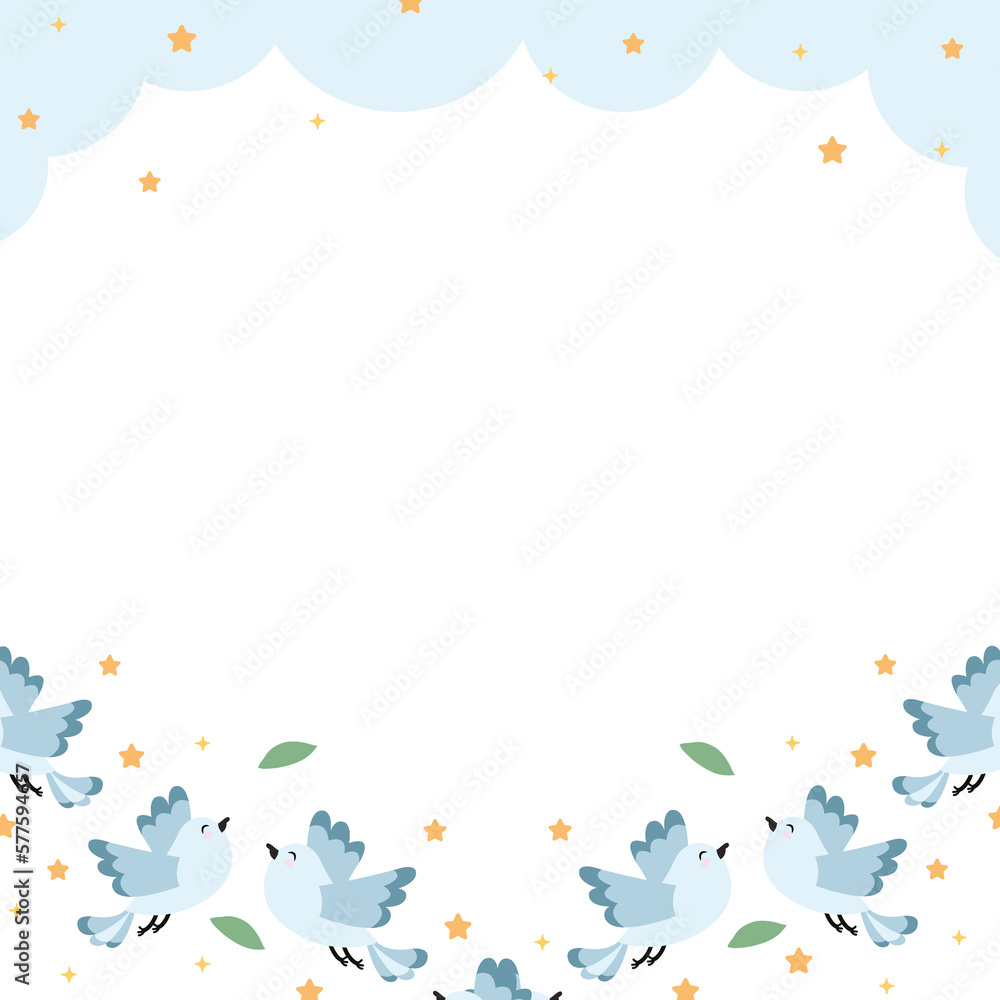 Frame with flying birds and leaf, Cute birds banner.