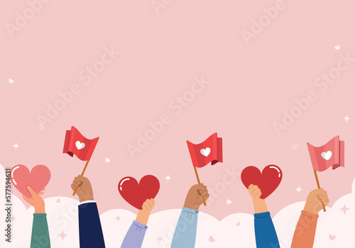 Give and share your love to people, charity and donation hands with heart symbol.