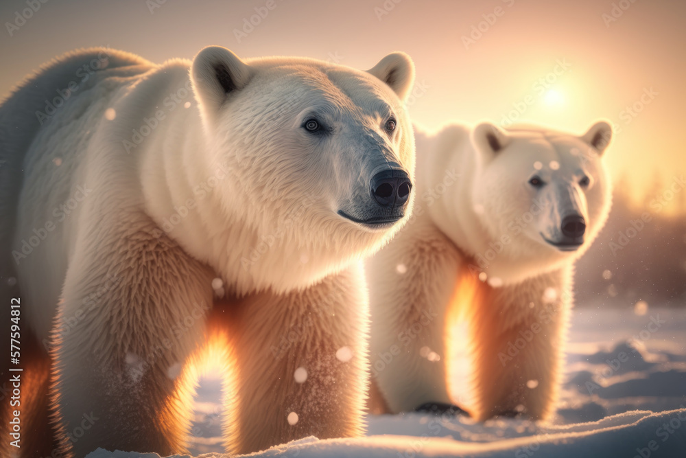 Polar bear at antarctica on sunset sky abstract background. Animal and nature environment concept. Generative ai Polar bear at antarctica on sunset sky abstract background. Animal and nature environment concept. Generative ai