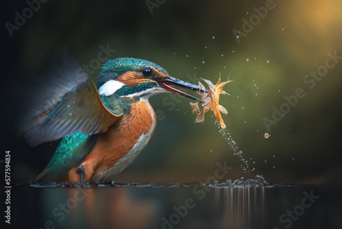 Beautiful kingfisher catching a fish in cinematic lighting and close-up zoom, generative ai © pham
