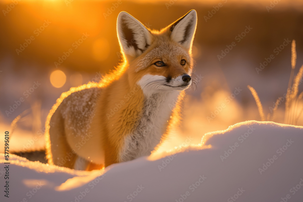 Fox at snow on sunset sky abstract background. Animal and nature environment concept. Generative ai Fox at snow on sunset sky abstract background. Animal and nature environment concept. Generative ai