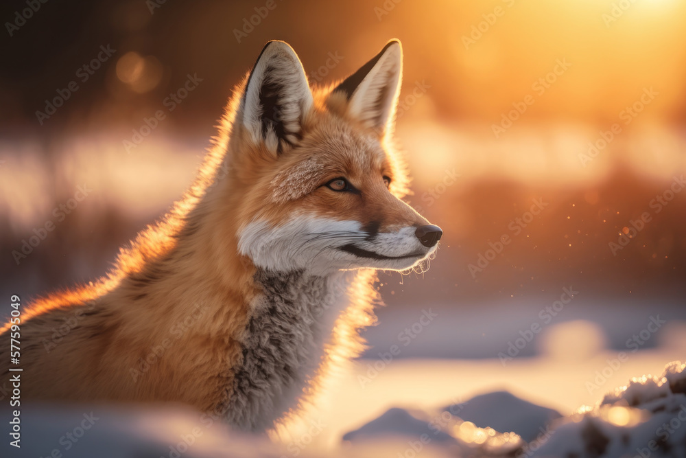 Fototapeta premium Fox at snow on sunset sky abstract background. Animal and nature environment concept. Generative ai