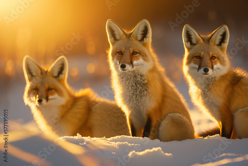 Fox at snow on sunset sky abstract background. Animal and nature environment concept. Generative ai