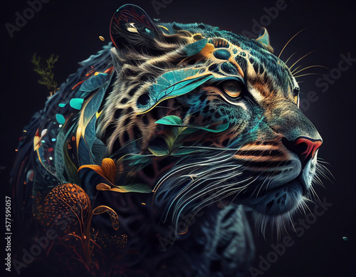 A jaguar with turquoise colors created by AI
