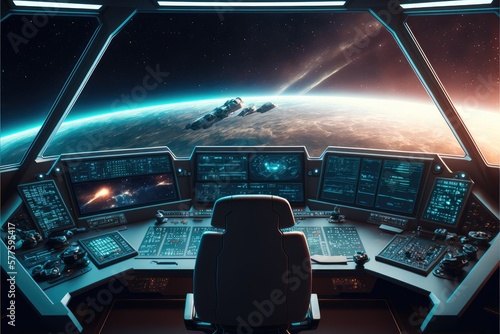 Fototapeta Naklejka Na Ścianę i Meble -  Outer view of spaceship window with control system room. Abstract discover new planet in space. Finest generative AI.
