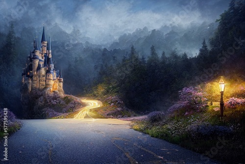 Fotografia Fairy tale illustration of the road from the castle, midnight clock and magic shoe for Cinderella acrylic painting