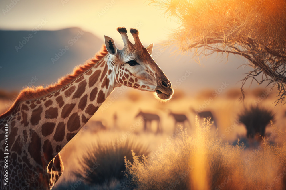 Giraffe at savanna on sunset sky abstract background. Animal and nature environment concept. Generative ai