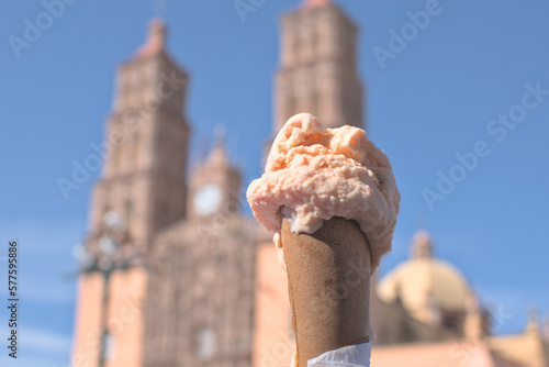 Ice cream cone in Dolores Hidalgo, Guanajuato. Tourism concept.