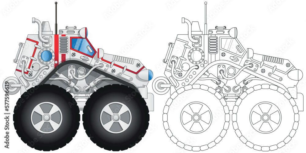 Futuristic monster truck. Side view. Isolated on white background. Vector illustration.