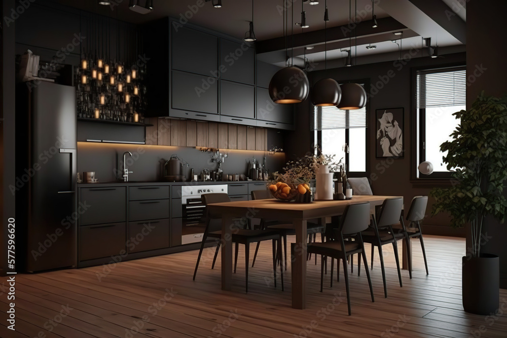 Modern kitchen features, artificial light, wooden floors for luxury apartments generative AI tools.