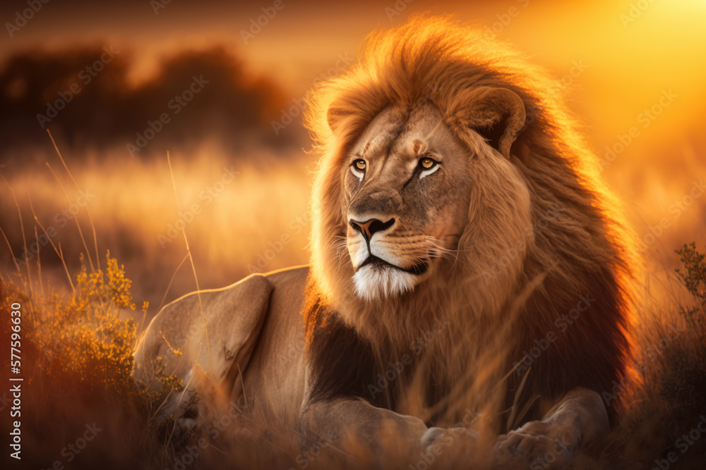 Fototapeta premium Lion at savanna on sunset sky abstract background. Animal and nature environment concept. Generative ai