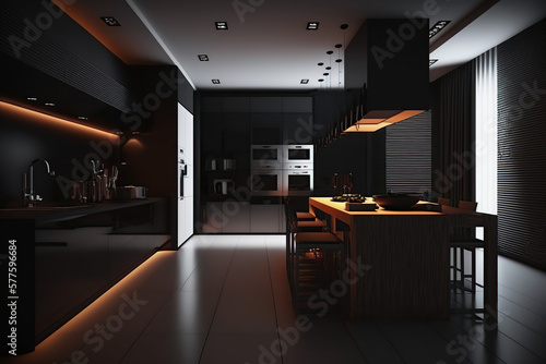 Modern kitchen features  artificial light  wooden floors for luxury apartments generative AI tools.