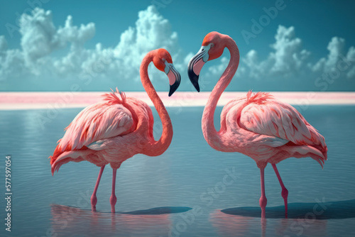 Couple flamingos neck heart shape on tropical beach abstract background. Love and nature concept. Generative ai