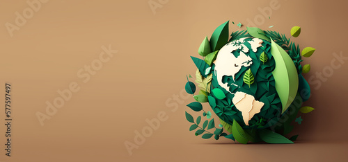 Fototapeta Naklejka Na Ścianę i Meble -  Green world paper cute style with Copy space, Earth day banner and World Environment day concept. Generative Ai