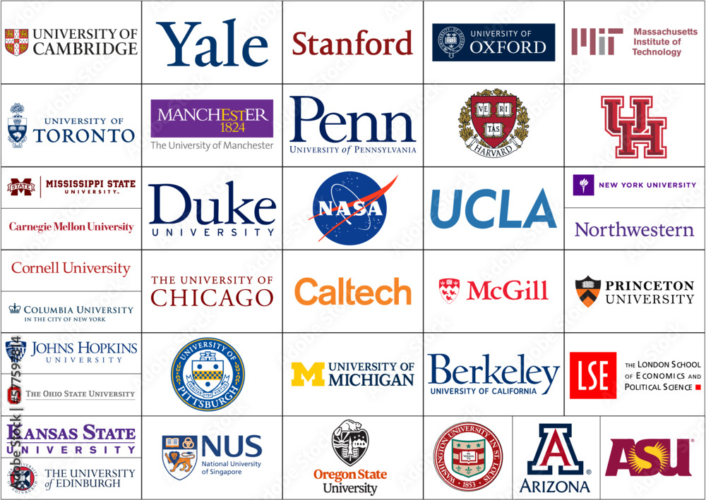 Famous Universities logos, World Educational Institutions around the