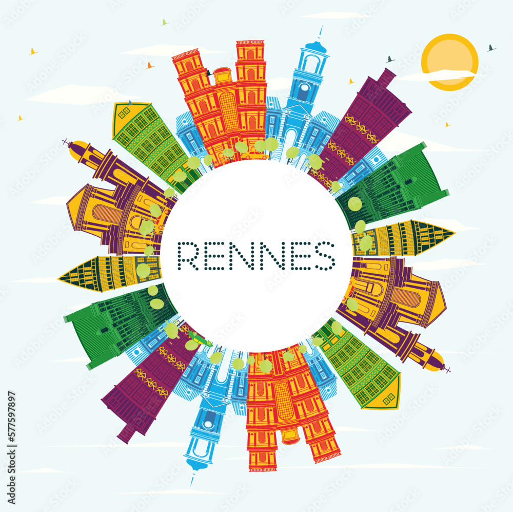 Rennes France City Skyline with Color Buildings, Blue Sky and Copy ...