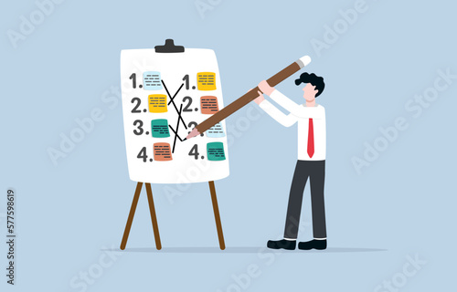 Change work schedule for best productivity, switch tasks or plans, set new priority concept, Businessman rearrange to do list sticky note on whiteboard.