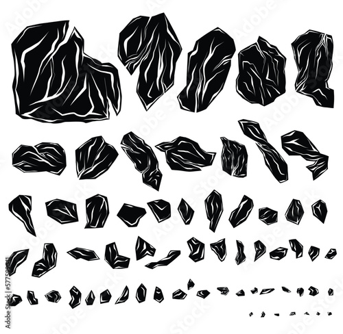 Vector set of monochrome various of broken stones. Black silhouette clipart collection of smashed rocks with cracks isolated from background.